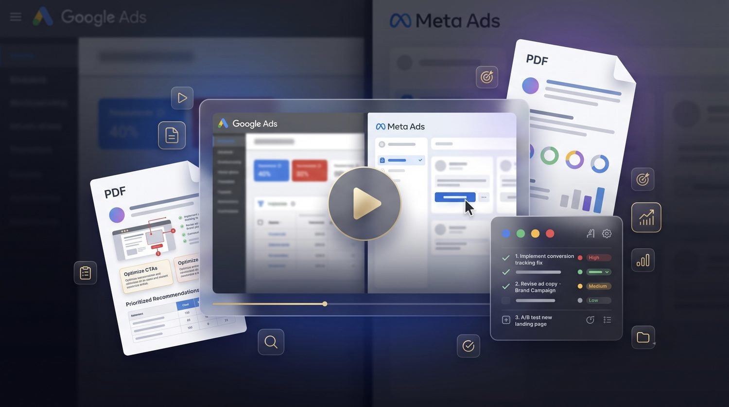 Real audit deliverables: a personal video walkthrough of your Google Ads and Meta Ads accounts, PDF report with prioritized recommendations, and a 30-day action plan
